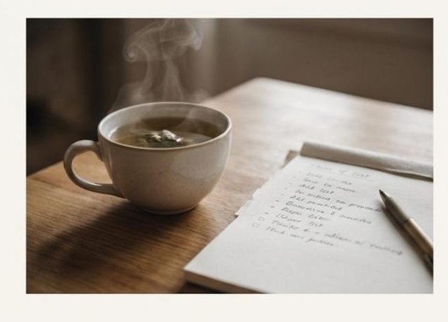 Cuaderno y taza en un espacio cálido